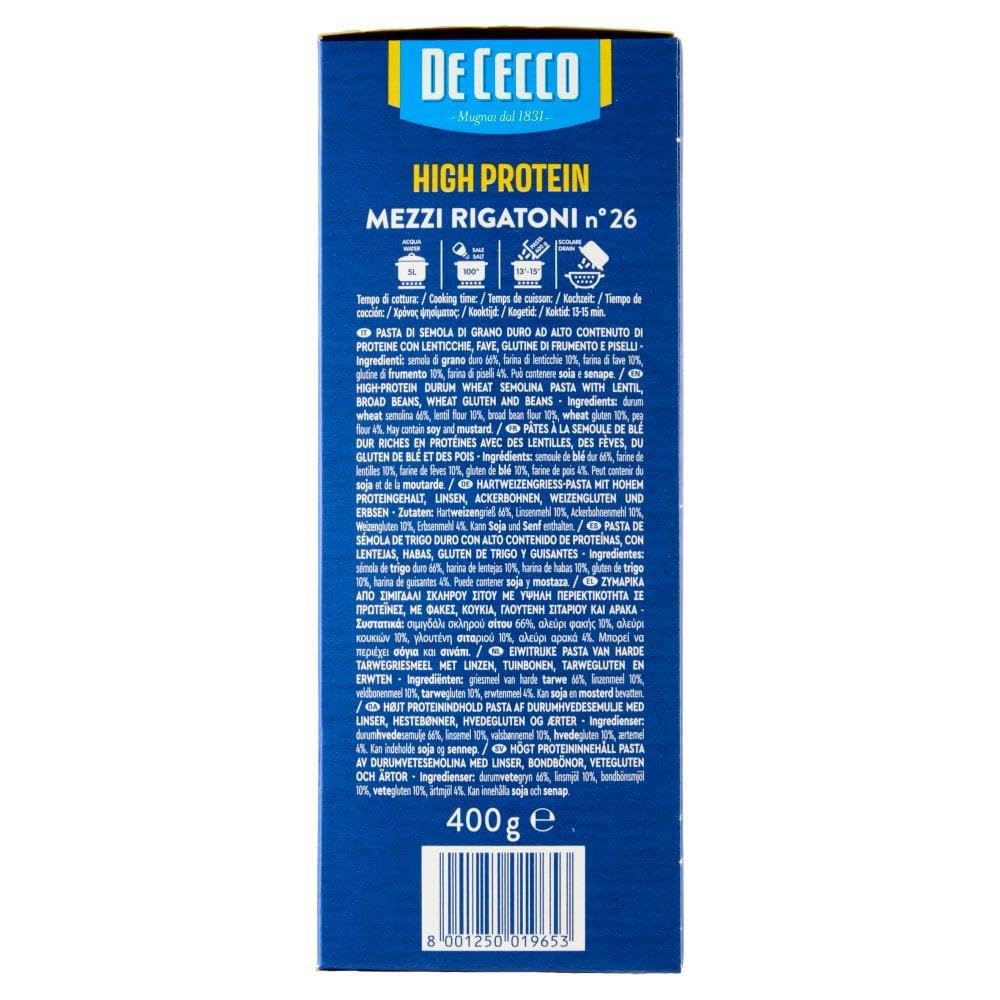 Italian Gourmet Pasta Mezzi rigatoni Nr. 26 proteici proteinreich 12 x 400g | Aus 100% italienischem Hartweizen / con semola italiana, al dente, Gesamtnettogewicht 4,8 kg + Kostenlos Polpa 400g