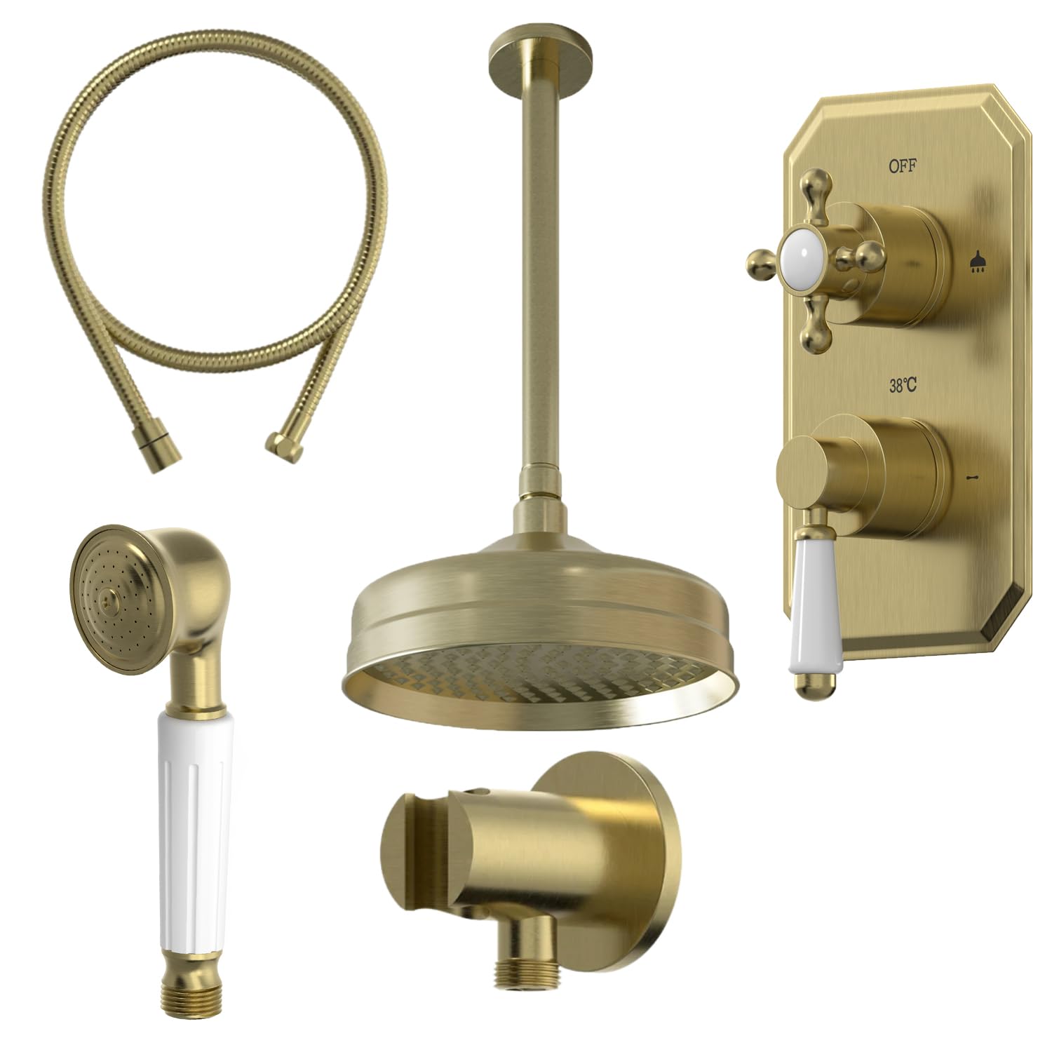 Baystone® Bathroom Thermostatic Mixer Shower with Round Rainfall Drencher Head Handset & Concealed Valve Ceiling Mounted Traditional, Brushed Brass