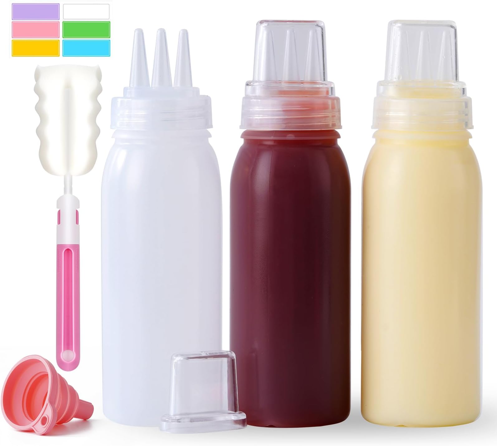 3 Hole Squeeze Bottles for Sauces Plastic Condiment Squeeze Bottles Ketchup Dispenser Salad Dressing Container Squirt Kitchen Squeeze Bottles for Oil BBQ Paint Pancake Art 3 Pcs 13oz/380ML