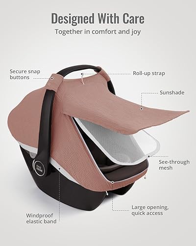 Miniatura 4 de Blissful Diary Funda de asiento de coche para bebé, ventana de malla extra grande, algodón de muselina transpirable, toldo resistente al viento para