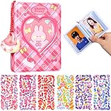 3 Inch Mini Photo Album Kpop Photocard Holder Kpop Binder Love Heart Hollow Photocard Binder Small Photocard Book with Pendant and 6 Sheets Kawaii Stickers for Collecting Photos, 40 Pockets (Bunny)