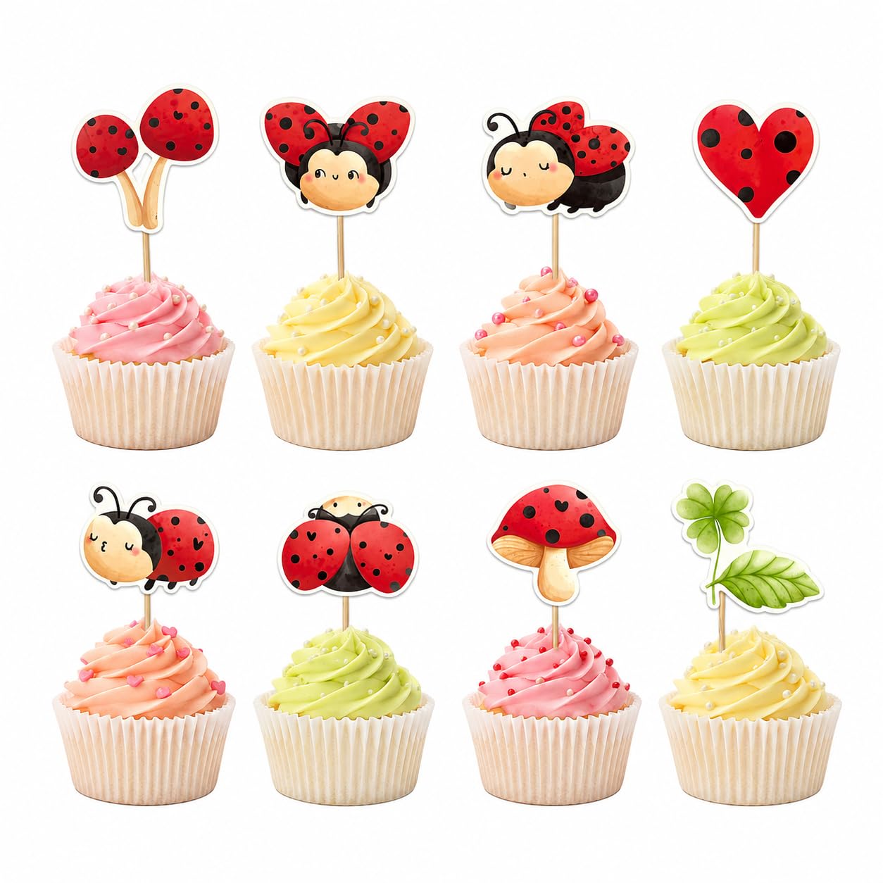 Arthsdite 24 Pcs Ladybug Cupcake Toppers Cute Ladybug Cake Decorations Mushroom Clover Leaf Heart Cupcake Picks for Baby Shower Birthday Garden Party Supplies
