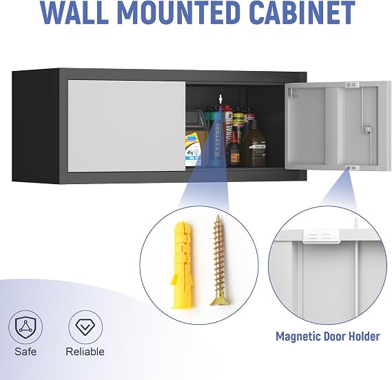 Metal Locking Cabinet, 12.8 H Garage Cabinet Wall Mount, Steel Storage with Doors, Floating Storage Organization for RV, Hanging Cabinets for Workshop, Warehouse, Wall Cabinet