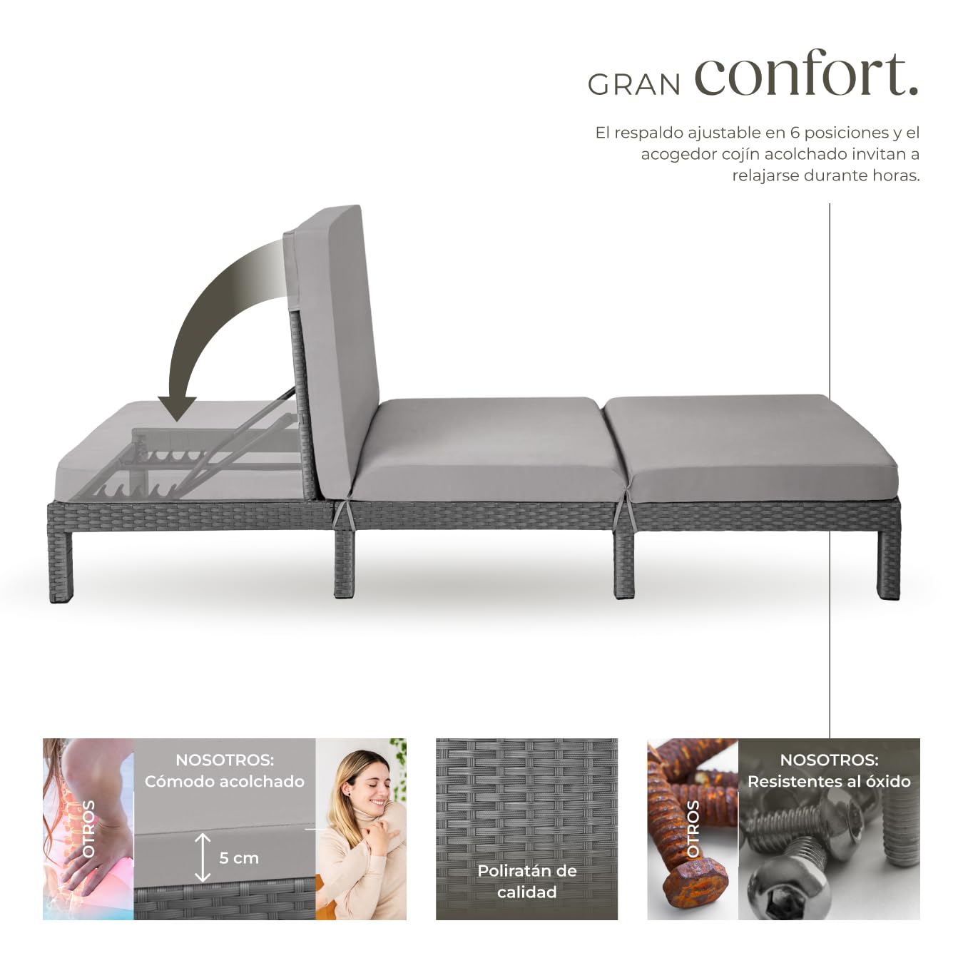 tectake® Tumbona Jardín Exterior de Ratán y Acero con Cojines, Tumbona de Piscina con Respaldo Regulable en 6 Posiciones, Tumbona de Playa Estable y Resistente a Intemperie, Fácil Limpieza - Gris