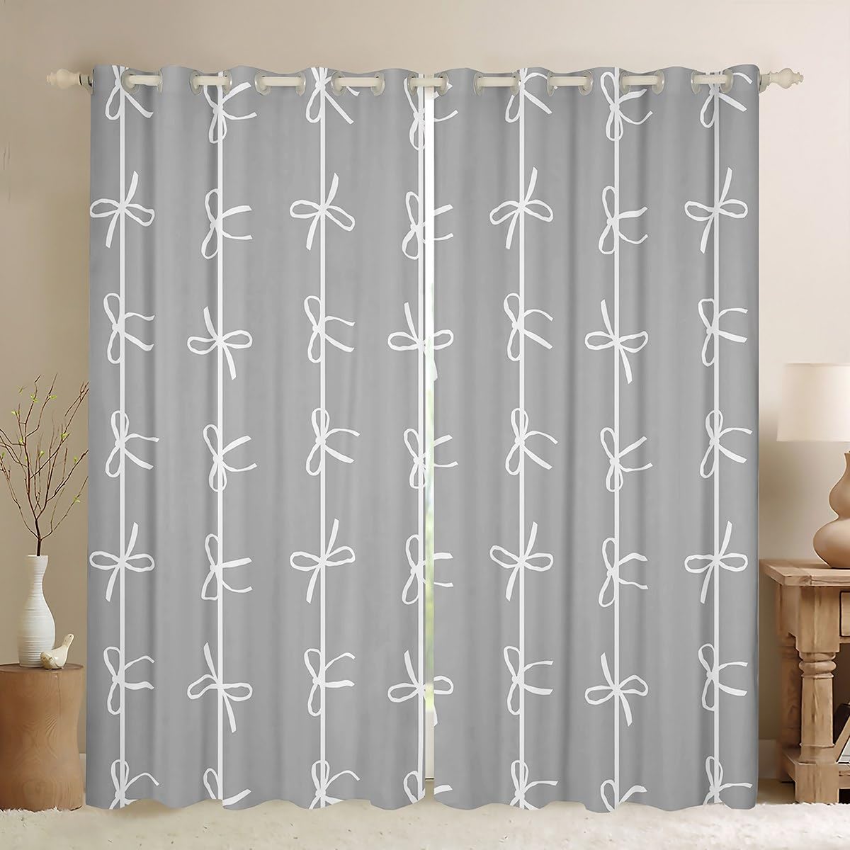 Homewish Zasłony okienne z kokardkami 168 x 183 cm, 2 zestawy paneli – szare kokardki w paski zasłony zaciemniające | wiejska kokardka wstążka wstążka ozdoby okienne zasłony kreskówka kokarda węzeł do