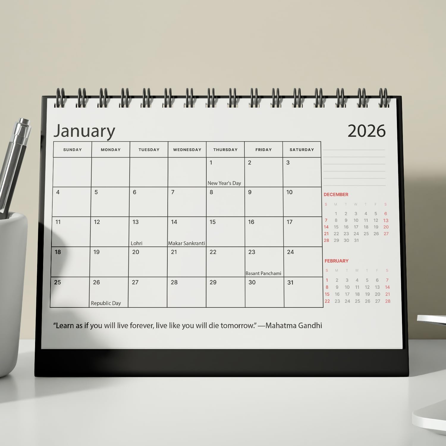 Black Wiro January 2026 to April 2027 Desk Calendar with Motivational Quotes | A5 Black and White Table Calendar | 170 GSM