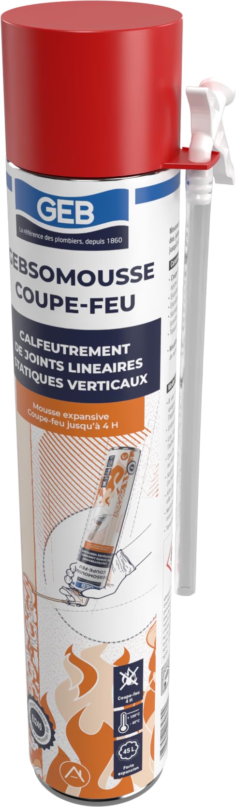 GEBSOMOUSSE COUPE-FEU, Résistance au feu jusqu’à 4 heures, Tenue en température de - 400°C à + 100°C s'expant de 2 à 3 fois par rapport a son volume initiale, aérosol manuel, 750 ml