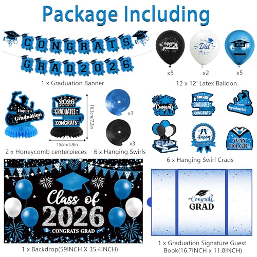 Image of Vlipoeasn Blue 2026 Graduation Party Decorations 2026 College /High School Graduation Decorations Party Supplies, Class of 2026 Congrats Grad Backdrop Banner Signature Book
