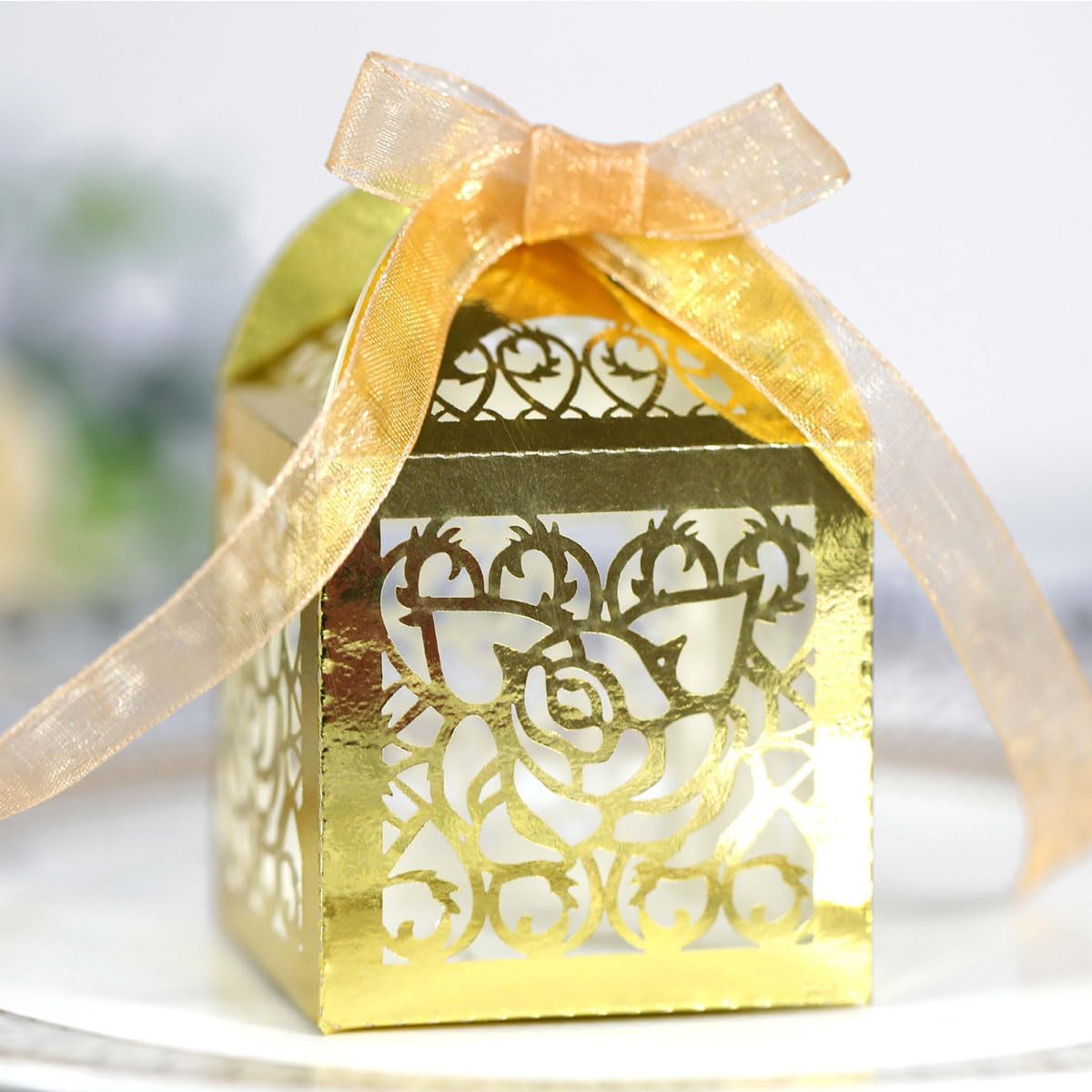 Morbanner Laser Cut Wedding Favor boxes Party Lace Candy Box Small Gift Boxes with Ribbon, Mini Candy Boxes for Event Bridal Shower Anniversary Birthday Christmas, Gold (50 Pcs） - Image 3