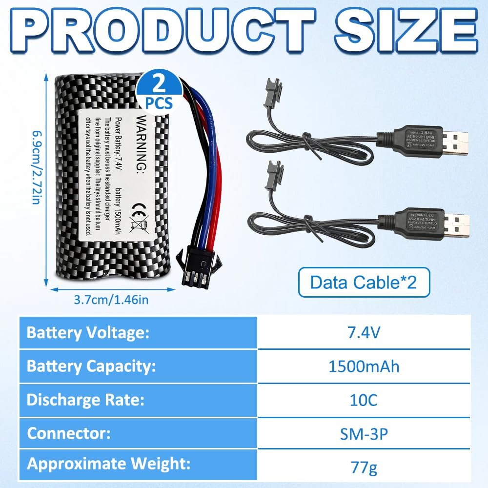 2 Batterie al Litio Ricaricabili 7,4V 1500mAh con Spina SM-3P – Lunga Durata per Auto RC, Walkie Talkie, Torcia LED, Telecamera e Campanello