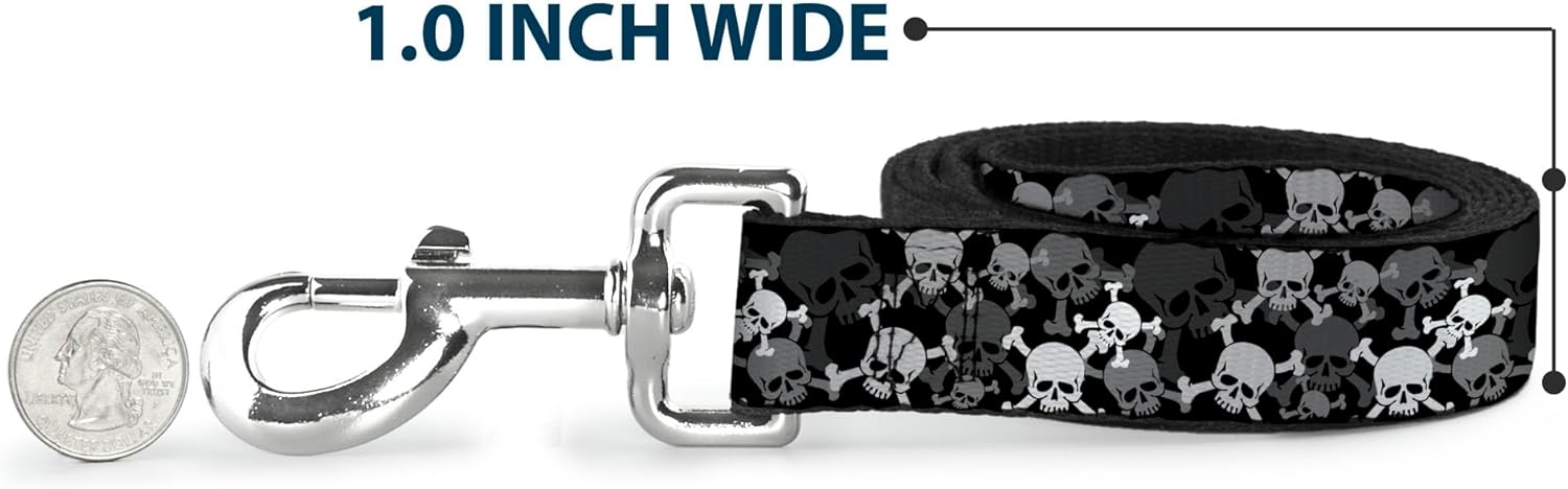Buckle-Down Pet Leash - Top Skulls Stacked Black/Gray/White - 6 Feet Long - 1" Wide