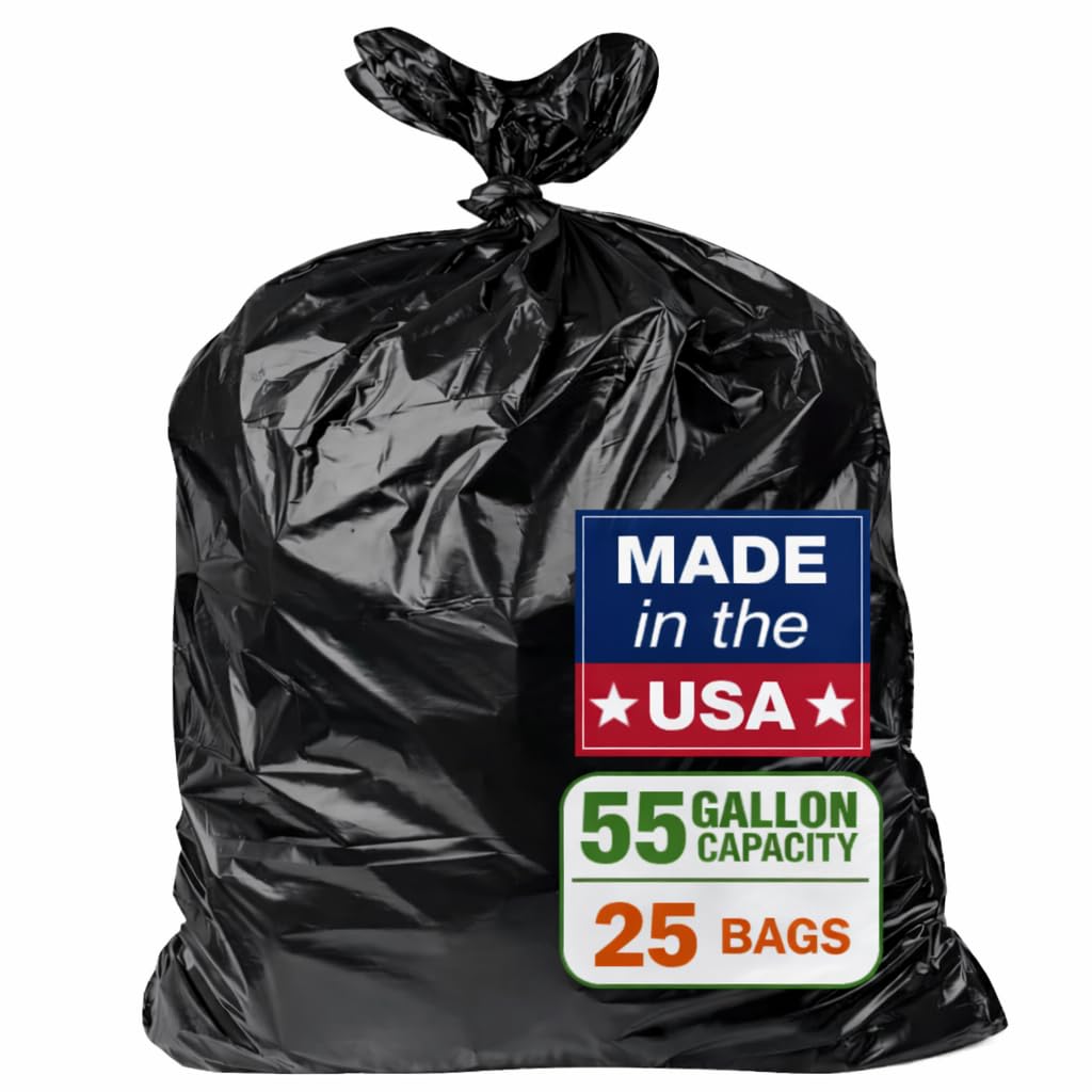 55 Gallon Black Trash Bags | 36 x 52 Inch 3 Mil Heavy-Duty Garbage Bags | 25 Count Thick Black Trash Liners for Commercial Use