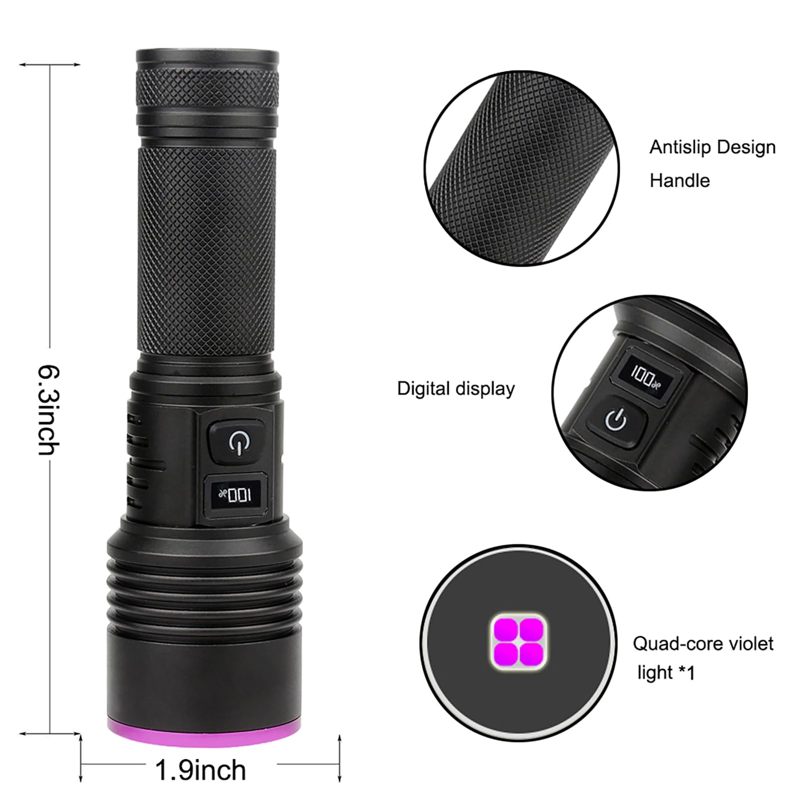 Linterna UV de 30 W, 7000 mAh de alta potencia de 365 nm, luz UV, 4 núcleos LED recargable por USB, linterna de luz negra para perro, orina de gato, manchas secas, fugas de CA, vidrio de uranio