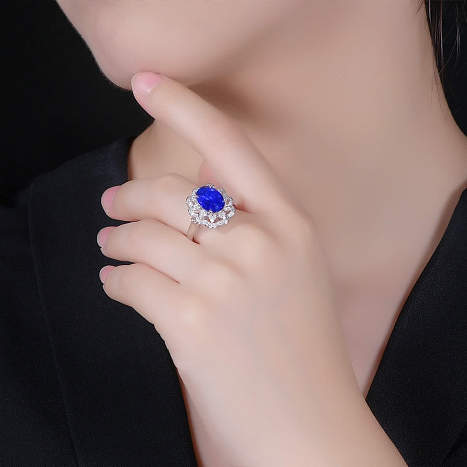 Anillo Oro Blanco, Alianzas Boda Vintage Flor de Lujo 18K Zafiro para Esposa Novia con Joyero