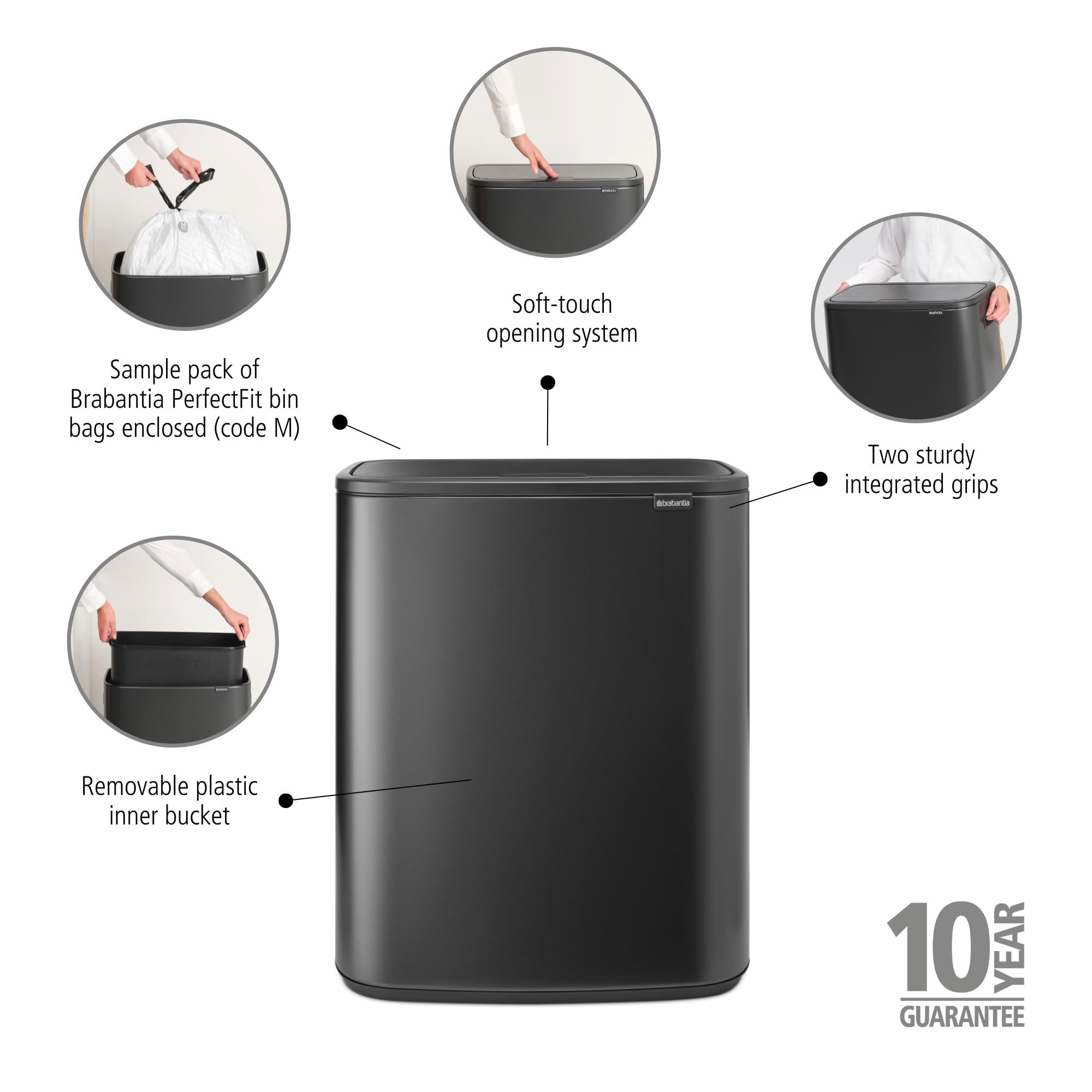 Brabantia Bo Touch Bin für die Küche 60 l | XXL Soft-Touch-Abfalleimer mit Inneneimer | Platzsparender flacher Abfalleimer für die Küche | Stilvolle Abfalllösung | Confident Grey