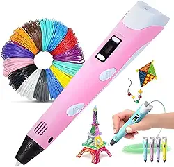 Caneta 3D com Display LED, Caneta 3d para crianças, Presente para filho, filha, criança, Kit com Filamentos Coloridos, Adaptador AC, Base de Suporte (Rosa)