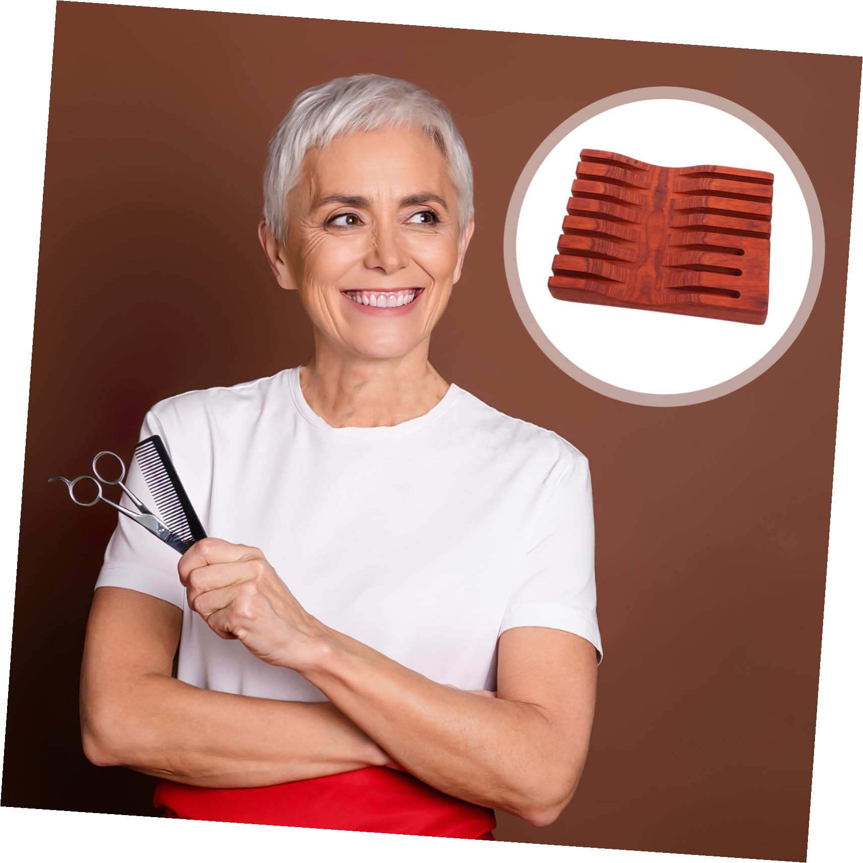 VICASKY Présentoir en Bois Foncé pour 7 Ciseaux de Coiffure Capacité, Design Incurvé Élégant et Ventouse, Boîte de Rangement Pratique pour Salon