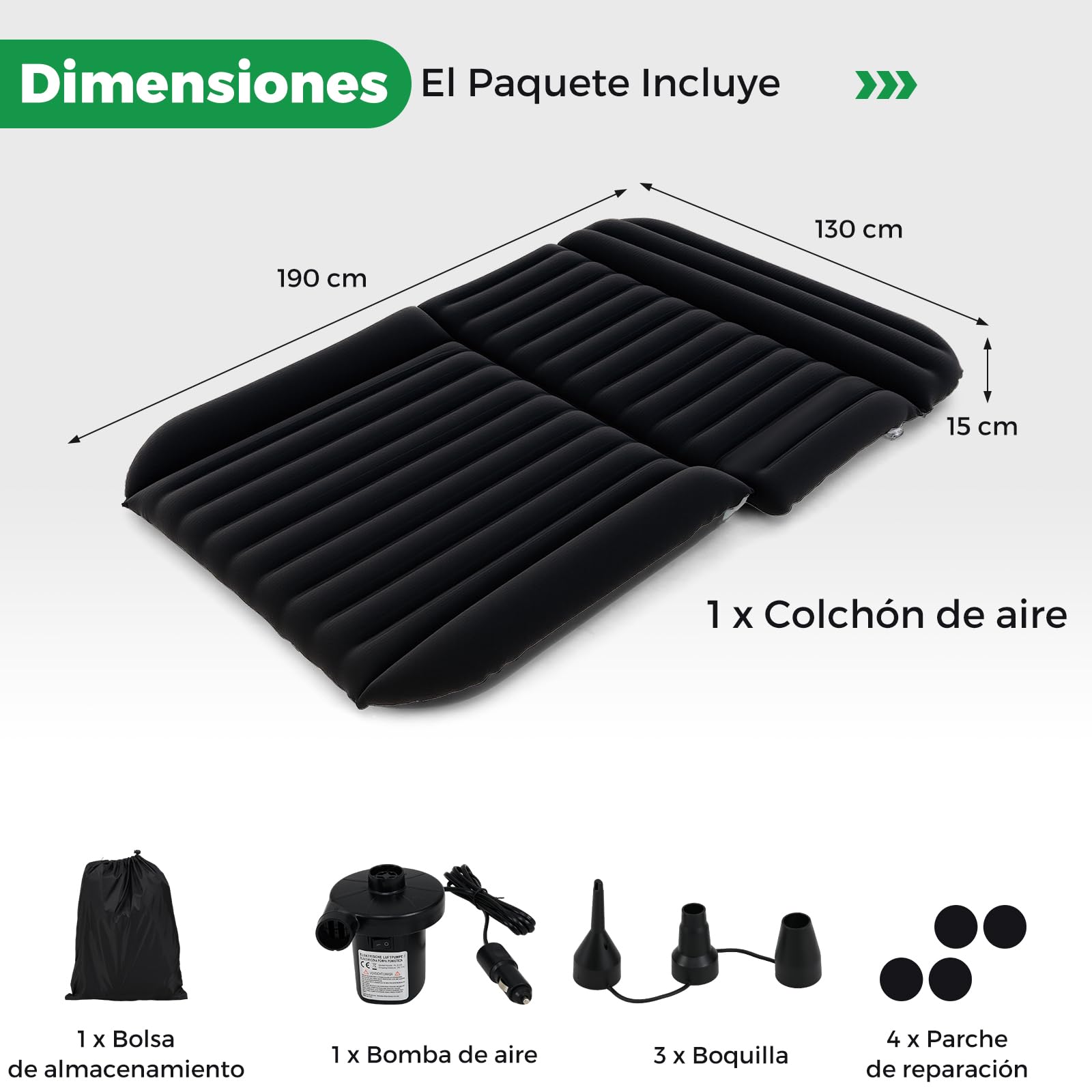 COSTWAY Colchón Hinchable 190 x 130 cm, Colchón de Aire para Camping en Coche, Cama de Aire con Bomba de Aire, Doble Cara de Flocado y Bolsa de Transporte para Camiones (Negro)