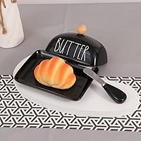 Vista 4 de oskas Mantequillera negra de porcelana de granja con tapa y cuchillo para encimera