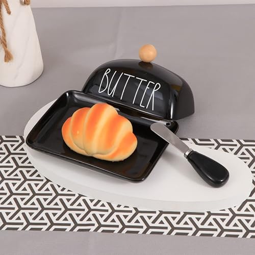 Miniatura 4 de oskas Mantequillera negra de porcelana de granja con tapa y cuchillo para encimera