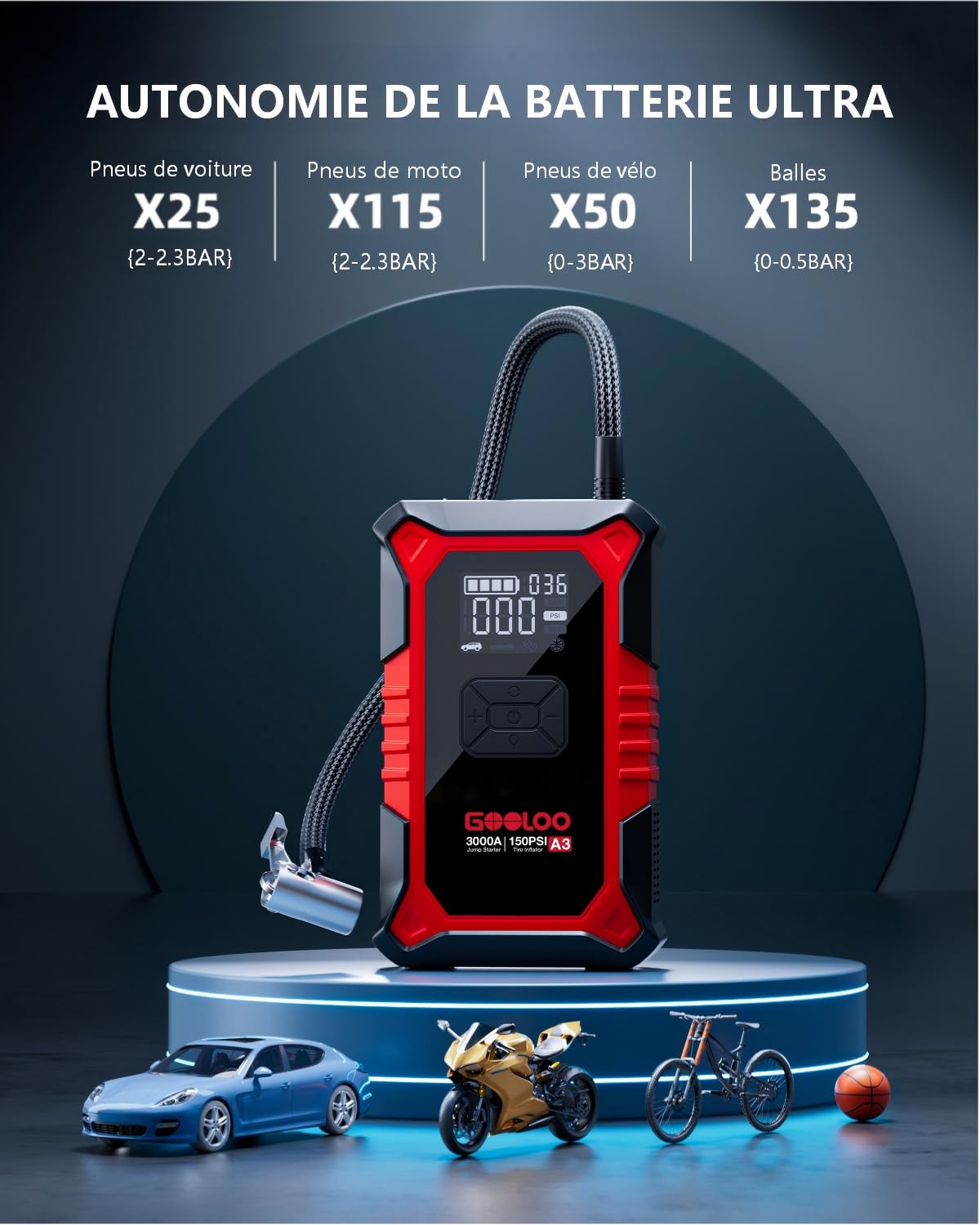 GOOLOO A3 Démarreur de Batterie Voiture 3000A avec Compresseur 150 PSI et Power Bank, Booster Portable pour Véhicules 12V (Jusqu'à 9.0L Essence/6.5L Diesel), Écran Digital et LED