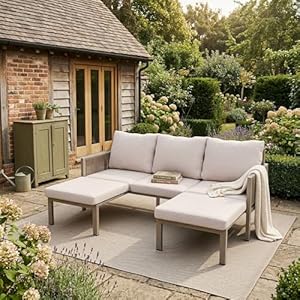 Lahoomu Gartenmöbel-Set, Outdoorsofa, 3-Sitzer-Sofa, Multifunktionales, lässt Sich in einen Liegesessel verwandeln, verzinktes Eisen, Beige
