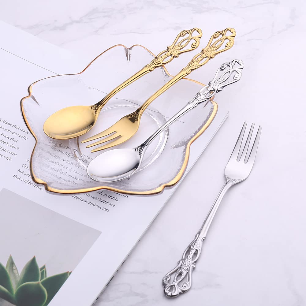 zestaw sztućców, Zestaw sztućców ze srebra, 24 szt. stali nierdzewnej Naczynia obiadowe Western Food Royal Tableware Christmas Fruit Widelce Noże Łyżeczki do kawy(Gold With Fork)