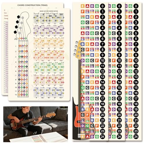 4 Strings Bass Learning Kit: 3 Fretboard Stickers & 1pc 30cm*20cm*1mm PVC Chord Interval Card - Home Practice & Lesson Must-Have for Beginner Bassists & Hobby Players