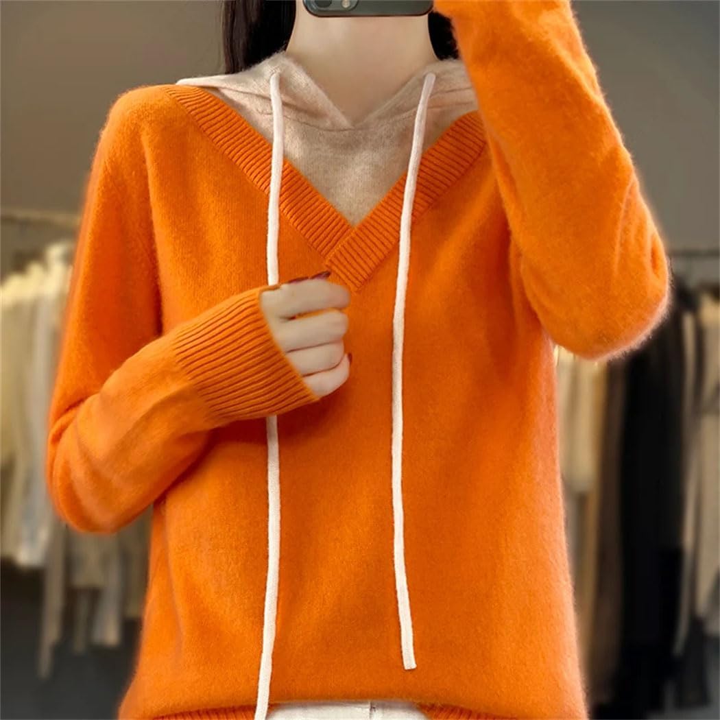 Women's Fall Winter Hooded Sweater Casual Loose Long Sleeve Drawstring Pullover 100% Wool Soft Knitted Coat