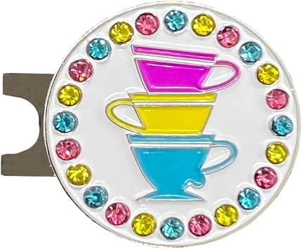 Giggle Golf Bling Golf Ball Marker with Magnetic Hat Clip Teacups Sparkly Marker for Women Golfers Fun Tea Party Golf Gift
