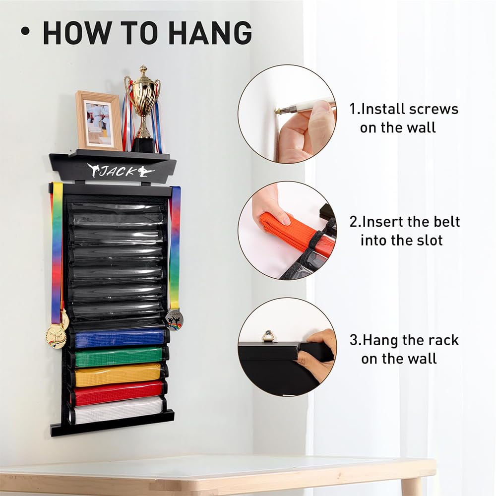 12 Ceintures Karate Belt Display Rack avec Autocollants, Organisateur de Ceintures D'arts Martiaux, Conception Anti-poussière, Support D'affichage pour Ceintures de Taekwondo pour Karaté, BJJ