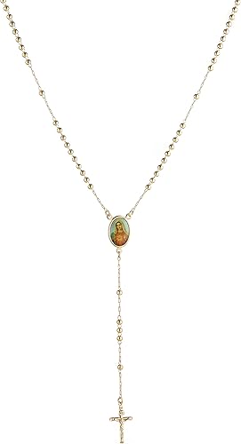 HZMAN Gold Plated Dainty Choker Necklace Y-Shape Necklace Rosary Bead St. BenedictVirgin of Guadalupe Cross Pendant Adjustable Necklace for Women