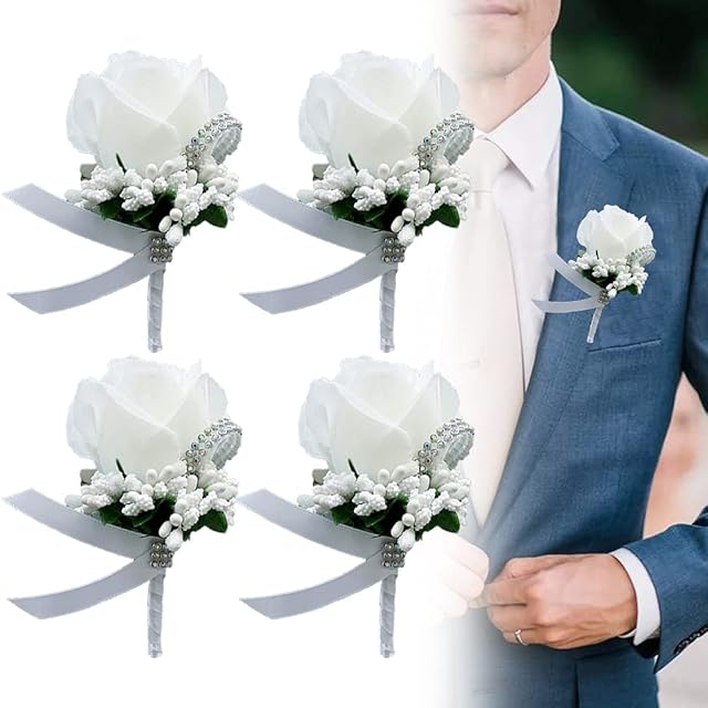Wedding Boutonniere White Rose, Rose Boutonniere Handmade 4Pcs Wedding Wrist Flower Corsage Wedding Flower Buttonhole Corsage Bridesmaid Wedding Wrist Flower Corsage Artificial Wedding Flowers