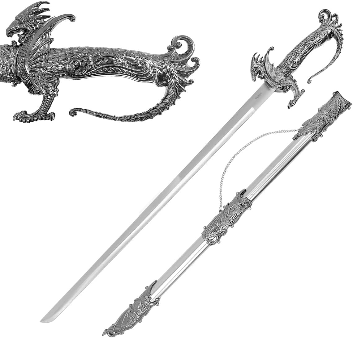 Saint George Dragon Saber Fantasy Knight Sword - Dull Blade - for Collections, Gifts Silver-26