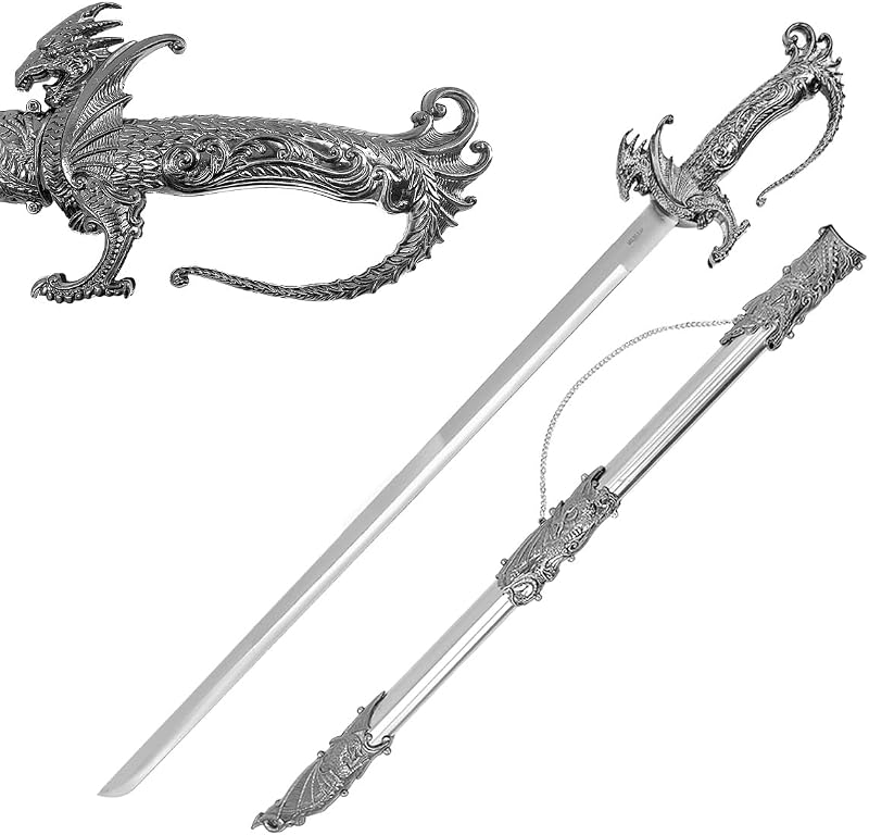 Medieval Dragon Sword – Decorative Replica Display Piece, Dull Blade Collectible, Knight Fantasy Sword for Cosplay, Home Decor and Collections