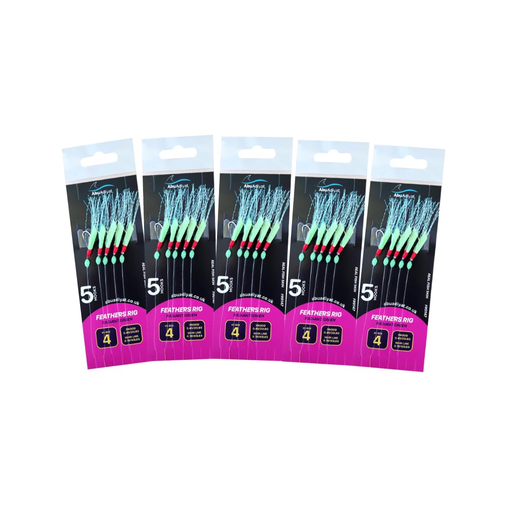 5 hooks Feather Rig Size 4 For Boat Sea And Shore Lure Rig for Mackerel, Horse Mackerel, And Herring (5/10 pack) (Radiant green)