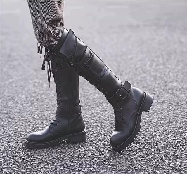 Womens Fashion Outdoor Side Zipper Leather Knee High Boots Lace Up Platform Lug Sole Comfort Round Toe Combat Boots Punk Thigh Tall Boots4
