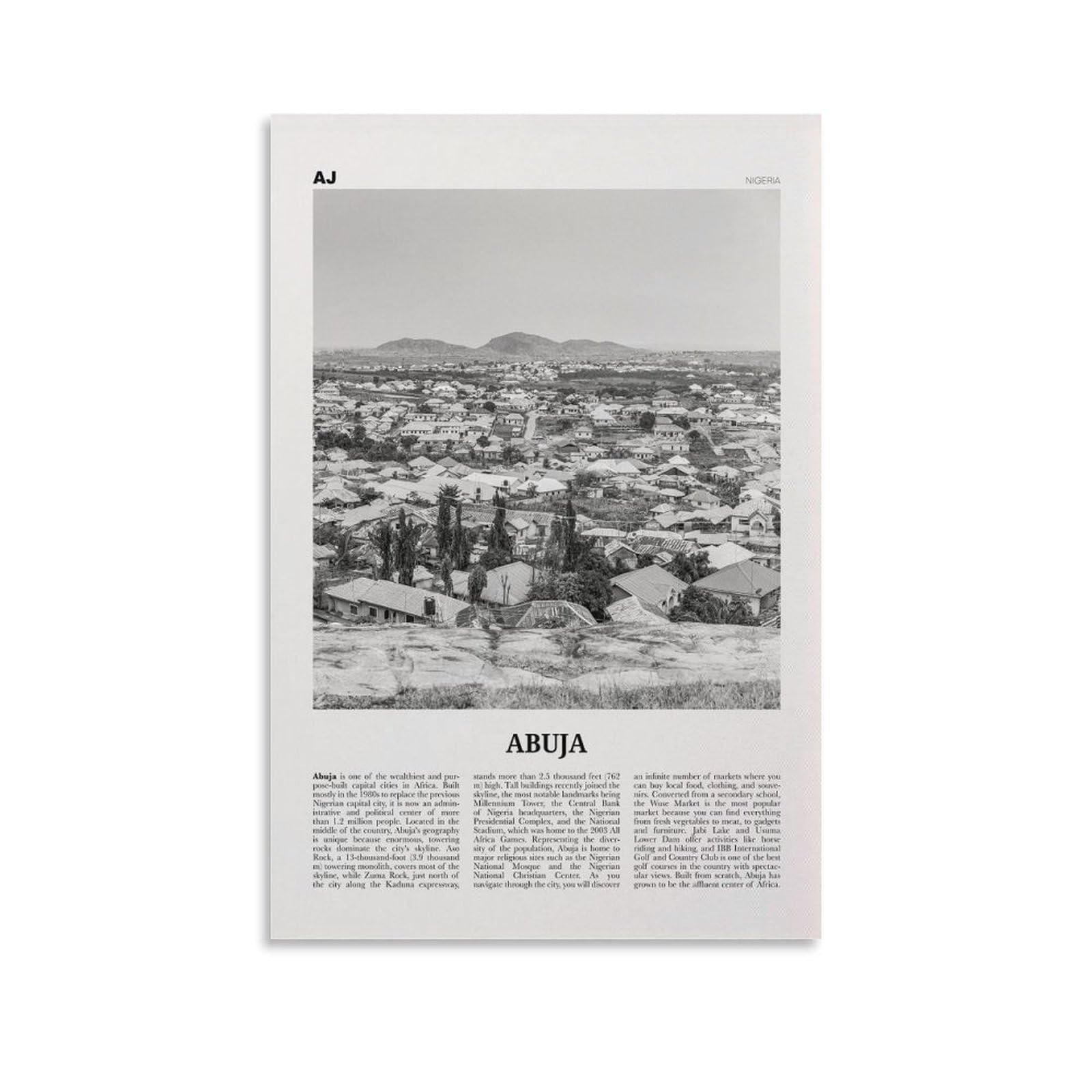 LZTEN Abuja Print Black And White, Abuja Wall Art, Abuja Poster, Abuja Photo, Abuja Wall Décor, Nigeria, Nigerian, Africa Canvas Wall Art Poster Unframed 12