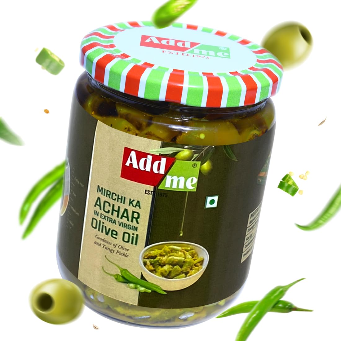 Add me Chilli Pickle in Olive Oil 500gm, Hari mirch ka Achar in Olive Oil 500 gm Glass jar Grocery | Spicy Green Chilli Pickle in Glass Bottle Pack of 1 4