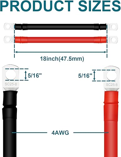 Miniatura 109 de Cables de batería 4 AWG con terminales de cobre de 3/8 pulgadas (2 piezas de 1 pie)
