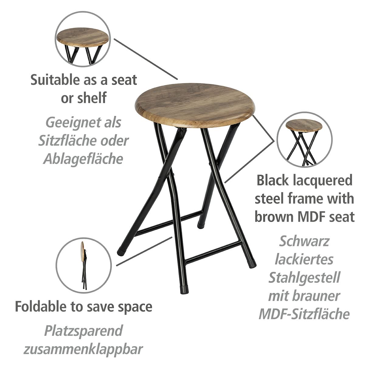 WENKO Badhocker Mod. Forio, zusammenklappbar, kleiner Tisch im Industrial-Design oder Pflanzenhocker mit Loft-Charakter, aus lackiertem Stahl mit MDF-Sitzfläche, (B/T x H): Ø 30 x 46 cm, Schwarz/Braun