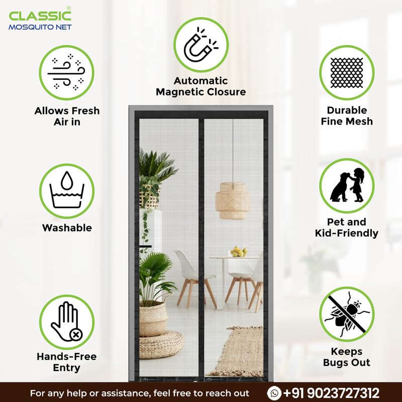 Image of Classic Mosquito Net for Doors with Magnet - Heavy-Duty Fiberglass Mesh | Strong Auto-Close Magnets | Full Frame Hook-&-Loop | DIY Installation for Wooden /UPVC /Marble Doors (185x70 cm, Black)