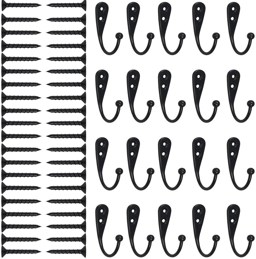 Antique Hooks, 20 Pcs Single Coat Hooks, Retro Style Single Hook Design Antique Hat Wall Mounted Hook for Kitchen, Bathroom, Bedroom - Black(Mounting Screws Provided)