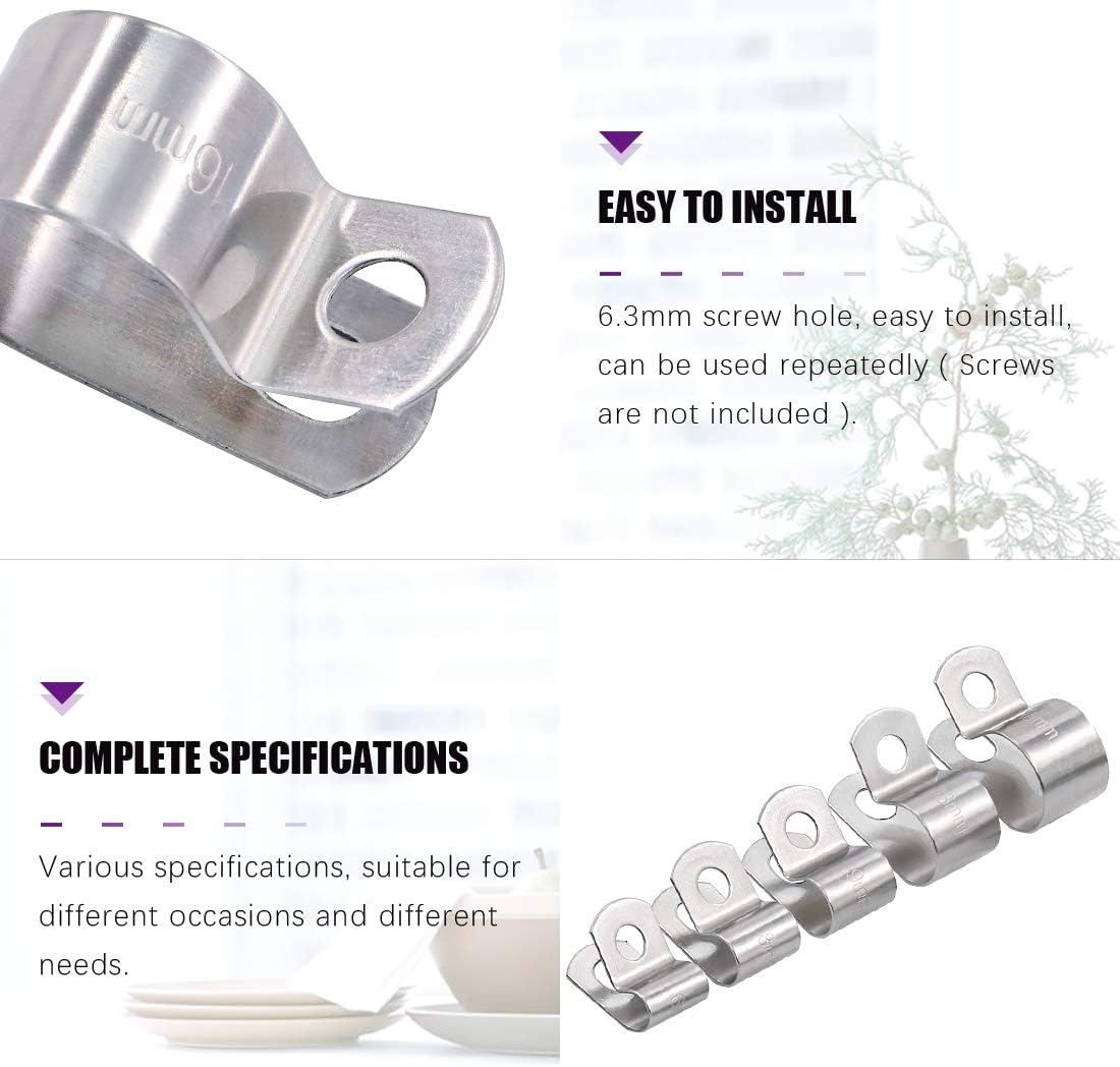 Swpeet 80Pcs 304 Stainless Steel 6mm-16mm Vinyl Cable Coated Clamps Assortment Kit, Without Rubber Cushioned Insulated Clamp, Metal Clamp, Tube Holder for Tube, Pipe or Wire Cord Installation