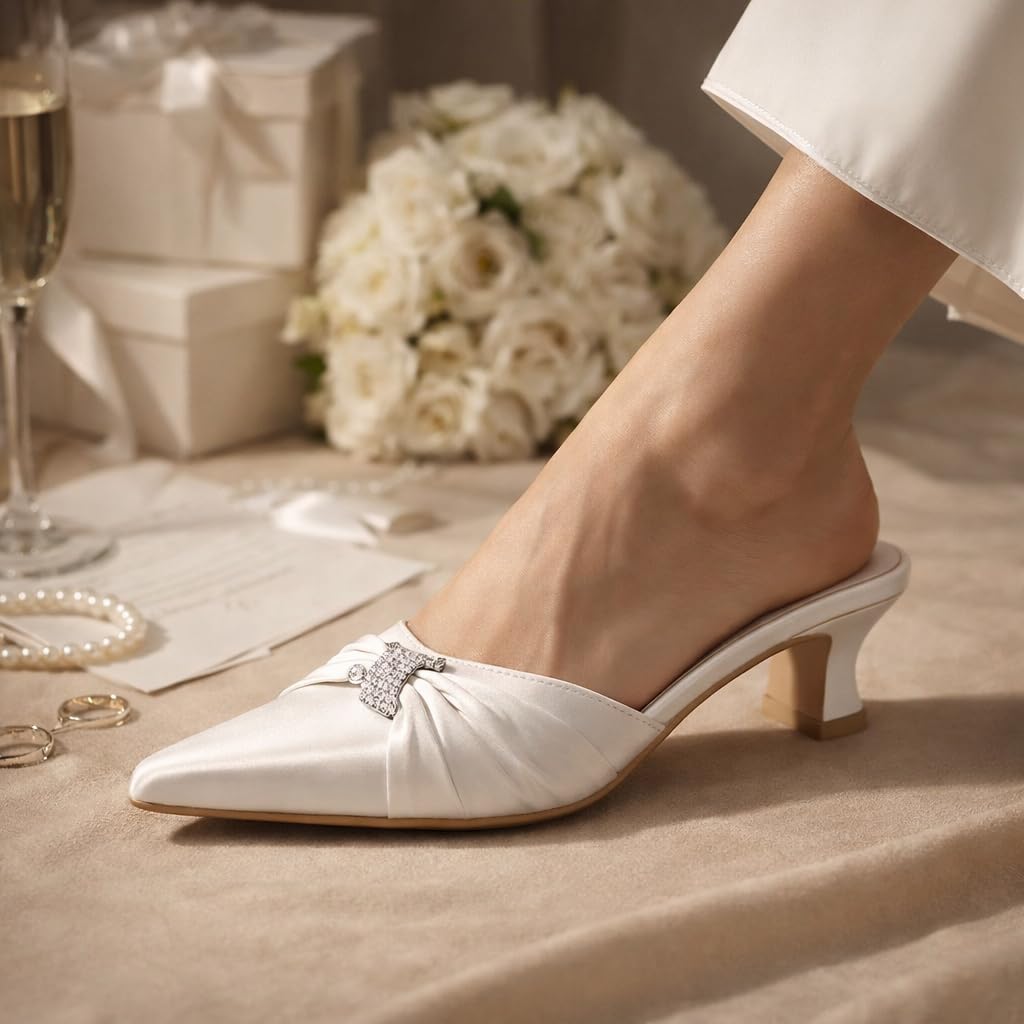 Décolleté Sabot in Raso da Donna, Punta a Punta con Strass, Scarpe da Sposa con Tacco Medio a Blocco