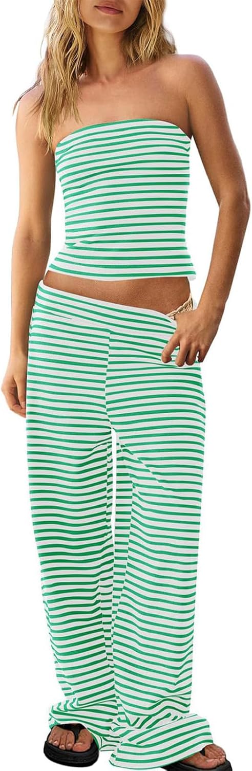 Fnortc Womens Striped Two Piece Outfit Strapless Tube Top Wide Leg Pants Matching Set Summer Beach Vacation Lounge Wear