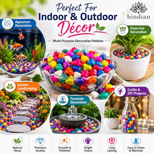 Image of Bindian Decorative Pebble Stone, Multicolour, Natural Stone, Smooth & Polished, for Aquarium, Garden, Plant Pot, Fountain Decor (3 Kg, Multicolor)