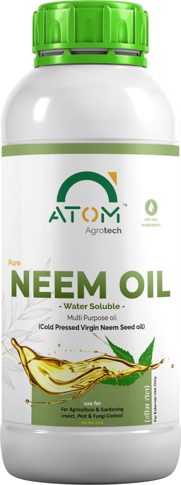 ATOM AGROTECH Organic Cold Pressed PURE NEEM OIL For Spray on Plants & Garden with Free Measuring Cup (Water Soluble) | Pure Cold Pressed Oil | 100% Pure Natural Pest Repellent for Organic Farming & Gardening 1 ltr pack of 1
