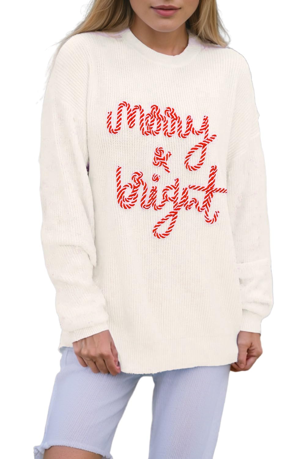 Melliflo Womens Striped Merry Bright Letter Christmas Sweaters Casual Drop Shoulder Crew Neck Long Sleeve Loose Fit Sweater