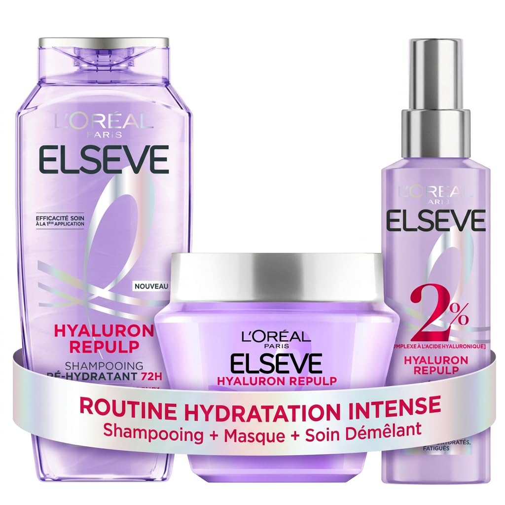 L'Oréal Paris - Routine Soin Hydratation Intense - Cheveux Déshydratés - Hydratation 72H - À l'Acide Hyaluronique - 3 Produits - Shampooing, Sérum & Masque - Elseve Hyaluron Repulp